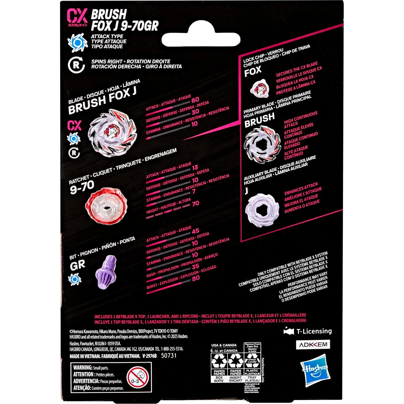 Back of HASBRO Fox Brush J9-70GR packaging showcasing attack type and stats.