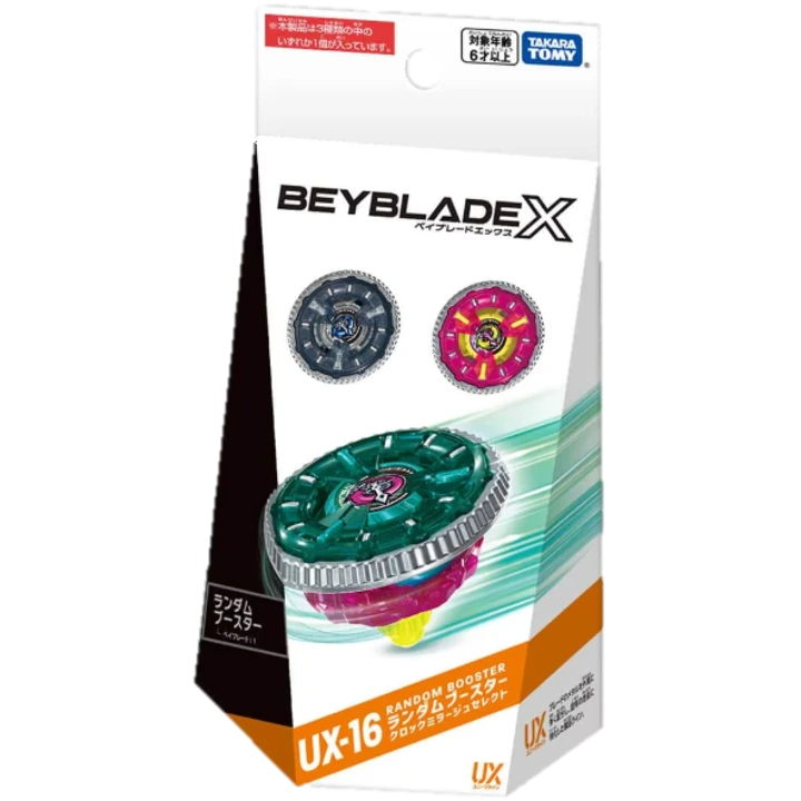 Clock Mirage 9-65B UX-16-03 packaging featuring colorful Beyblade designs and branding by TAKARA TOMY.