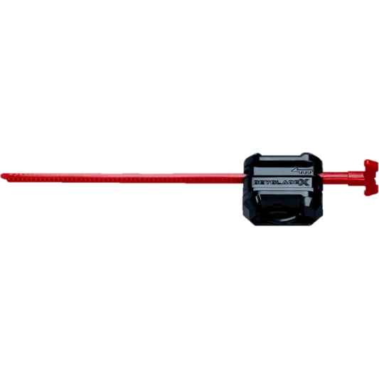Red and Black Entry Launcher toy for spinning a Beyblade, compatible only with select models.
