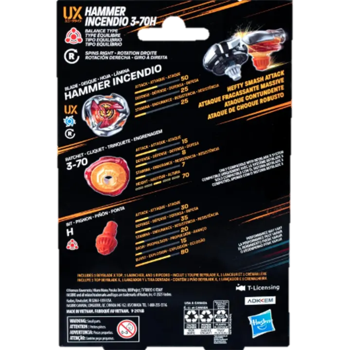 Hells Hammer Incendio G1752 product back packaging with stats and details for Beyblade 3-70H Starter.