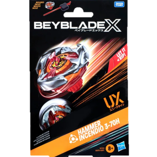 Hells Hammer Incendio G1752 packaging showcasing Beyblade X, vibrant orange, red, and silver design with included parts.