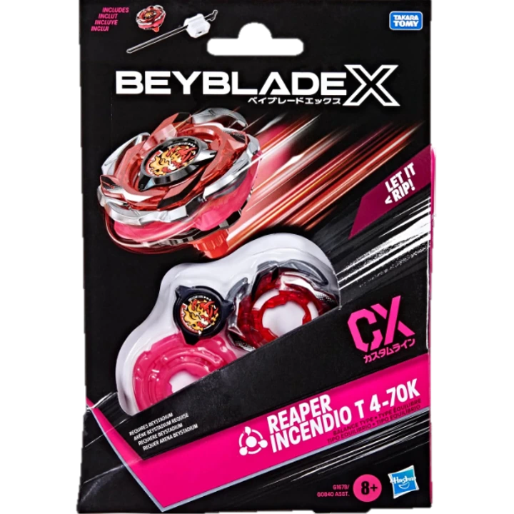 Hells Reaper Incendio T4-70K Starter Pack with red and black beyblade design and accessories.