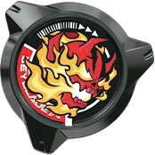 Black Hells Incendio Lock Chip featuring fiery design, compatible with Beyblade X and CX line.
