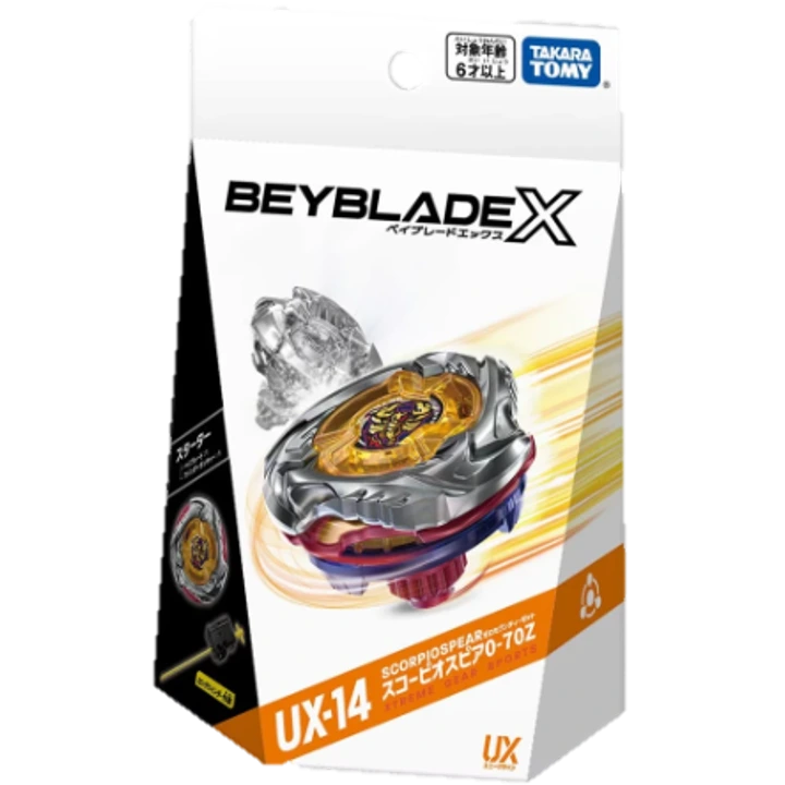 Scorpio Spear 0-70Z UX-14 by TAKARA TOMY in colorful packaging, featuring a Beyblade design and official stats.